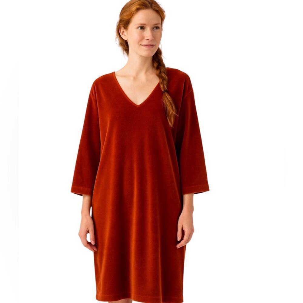 Gudrun Sjoden Rust Velvet V-Neck Shift Dress, Lagenlook, Pockets Holiday XL